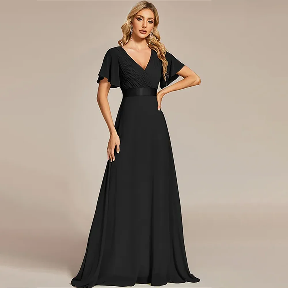 

Elegant Evening Dresses V Neck Short Sleeve Pleated A Line With Belt Women Prom Dresses Formal Party Gowns فساتين سهرة