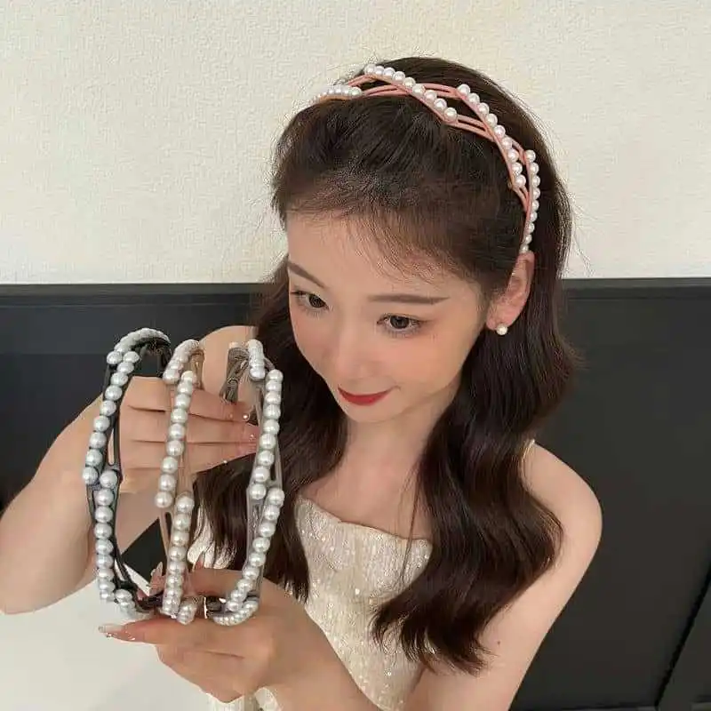 New Foldable and Extendable Pearl Headband Women Travel Portable Storage Face Wash Makeup Non-slip Hair Hoop Hair Accessories