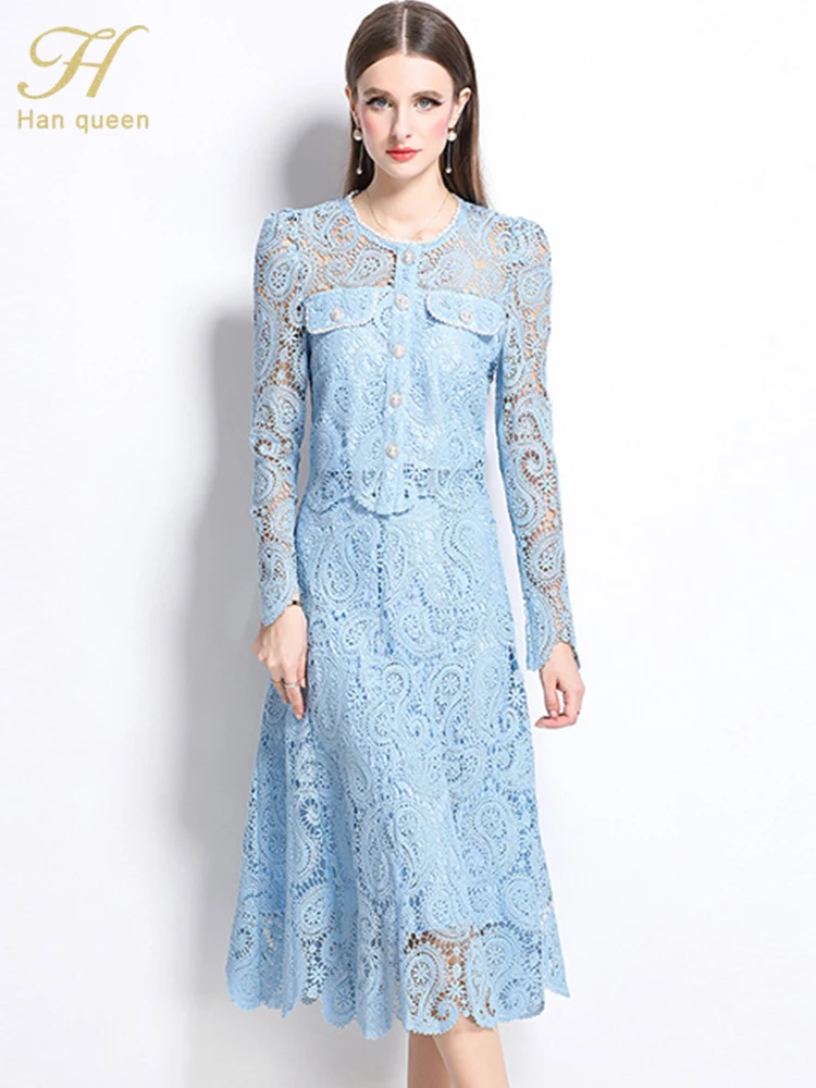 

H Han Queen Summer 2 Pieces Set Women Single breasted Hollow Lace Tops+High Waist Skirts Casual Simple Office Skirt Suit