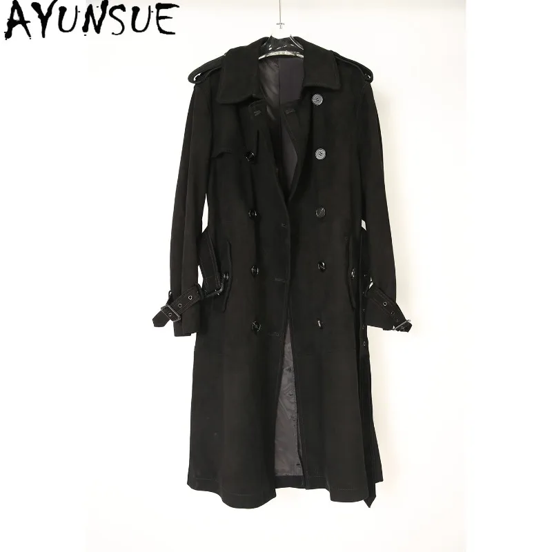 

AYUNSUE Women's Real Leather Jackets Fashion Double-breasted Long Trench Coats Leather Suede Black Jacket Woman Clothes Jaqueta