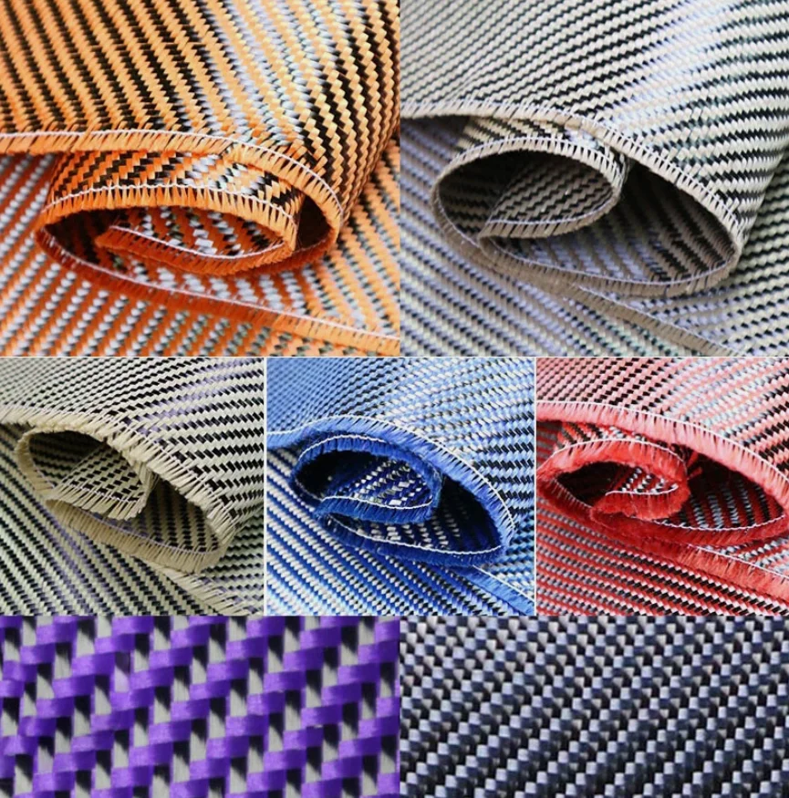 3K 200gsm 2x2 Red, Blue, and Yellow Kevlar and Carbon Fiber Blended Fabric, Aramid Fiber Blended Carbon Kevlar Fabric