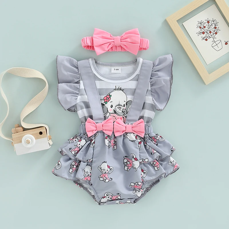 Infant Baby Girl 2Pcs Outfit, Pleated Fly Sleeves Cartoon Print Patchwork Striped Romper + Bow Headband, 0-18Months