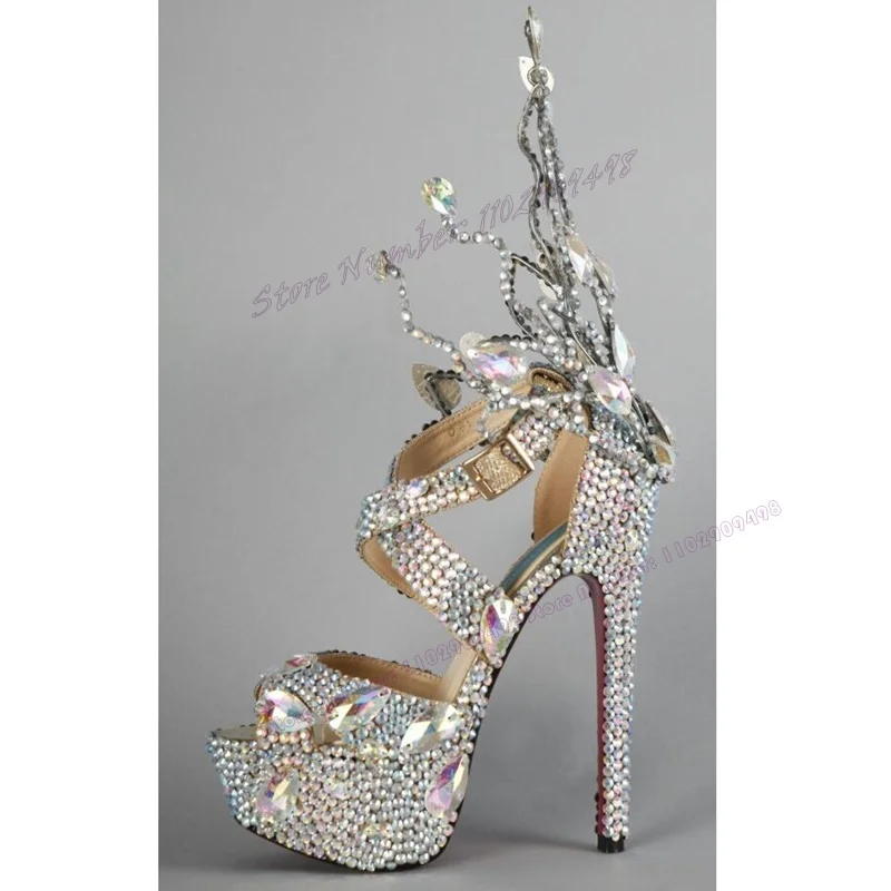 Silver Crystal Platform Sandals Ankle Buckle Cross Strap Open Toe Shoes for Women Thin High Heels Shoes 2023 Zapatos Para Mujere