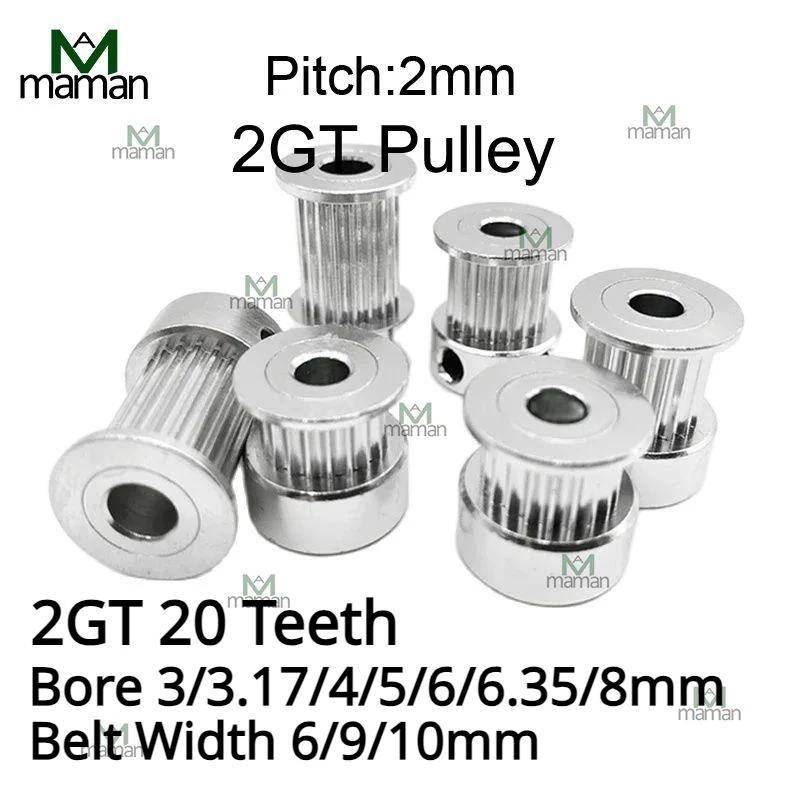 GT2 Timing Pulley 2GT 20 Teeth K-shaped Aluminum Bore 3/3.17/4/5/6/6.35/8mm Bandwidth 6/9/10mm 3D Printer Parts