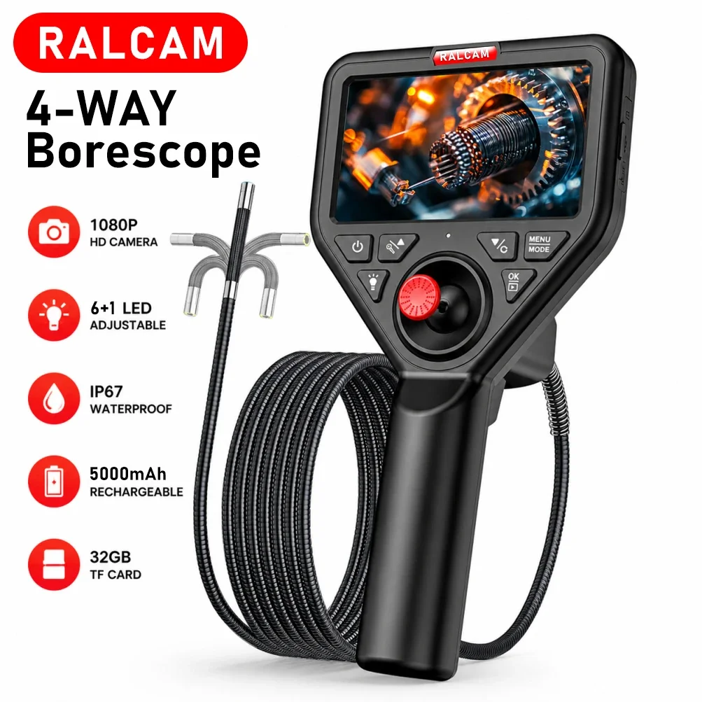 RALCAM 4 Direction Steering Borescope 1080P Handheld Industrial Endoscope IP67 Waterproof  for Car Engine Pipeline Maintenance