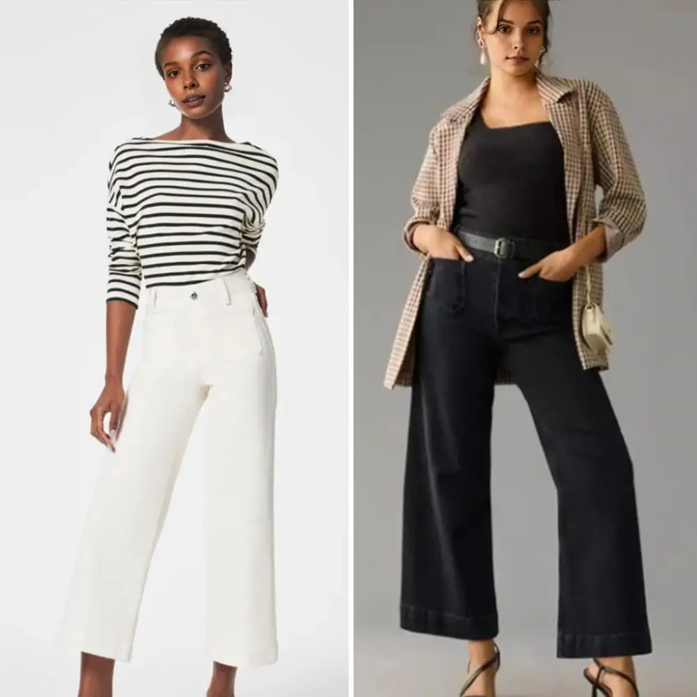 Calças jeans com zíper elegantes femininas, calças de cintura alta para senhora, perna reta, cintura elástica, perna larga para o trajeto