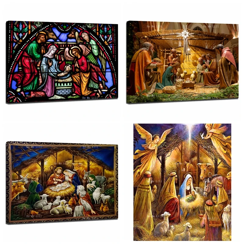 Nativity Scene Canvas Wall Art By Ho Me Lili Jesus' Birth In A Manger In Bethlehem Stained Glass Window Painting Home Decor