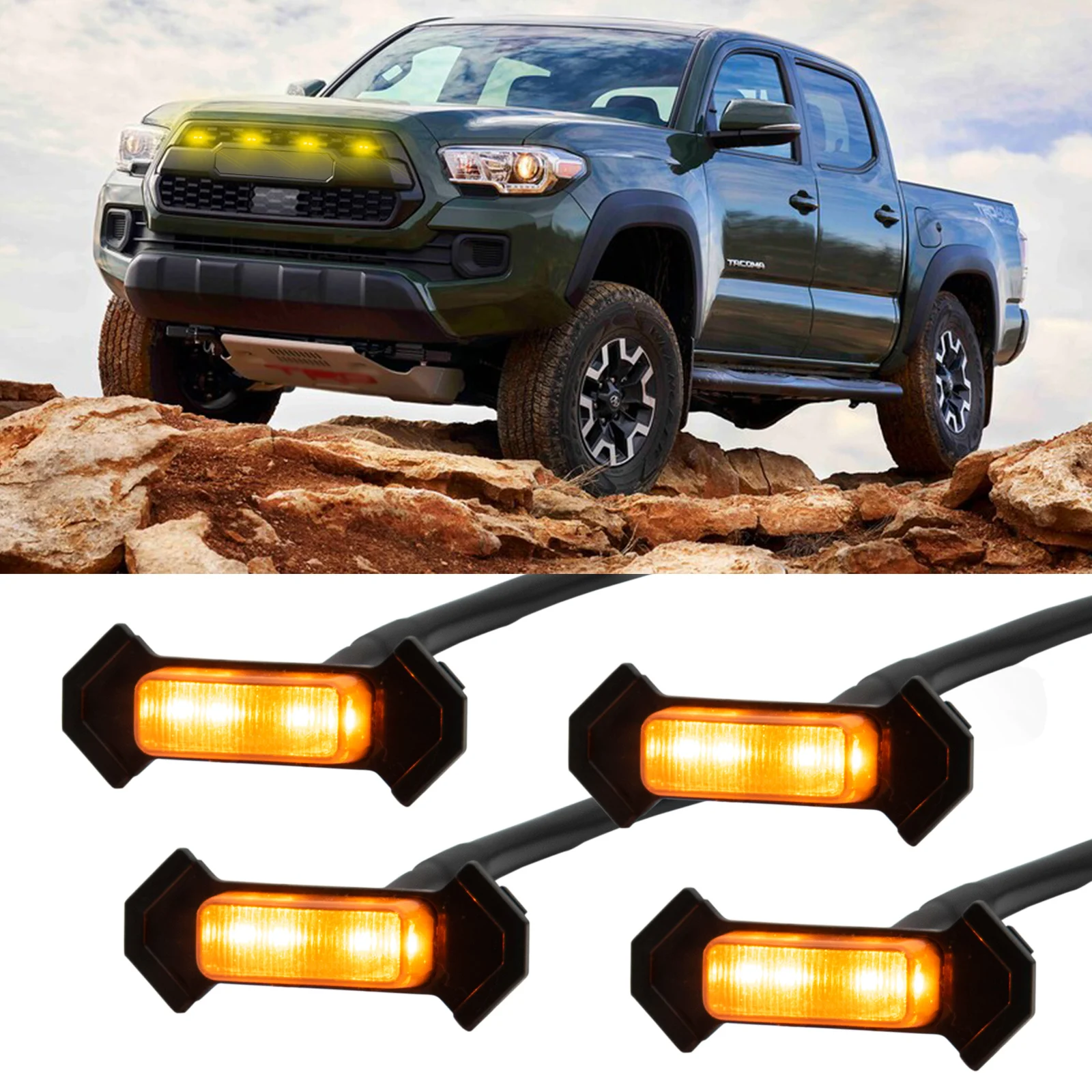 4x 12v Front Grille LED Lights Adapter Wiring Harness Kit For Toyota Tacoma 2016-up TRD PRO Grill Black Shell with Yellow Lamps