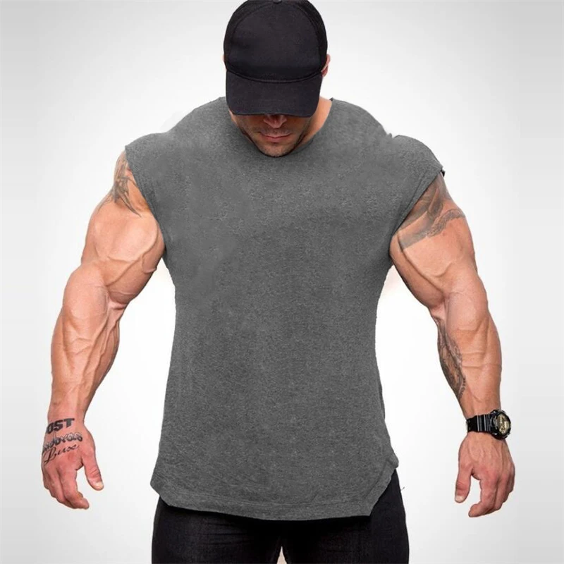 Schlichte Herren Casual Fitness Tanktops Gym Bodybuilding Muskeltraining T-Shirts Sommer Baumwolle Locker Atmungsaktiv Ärmellose Unterhemden – Detail 9