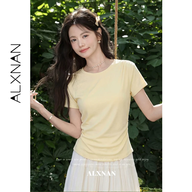 

ALXNAN Yellow Basic T-shirt Round Neck Minimal Versatile Short Sleeve T-shirts 2026 Summer Fashion Elegant Tops Ladies L63876A
