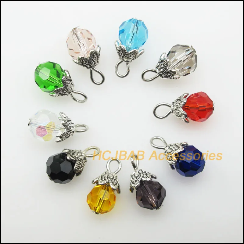 20 New Flower End Cap Charms Mixed Crystal Round Faceted Beads Pendants Antique Silver Color 8x16mm