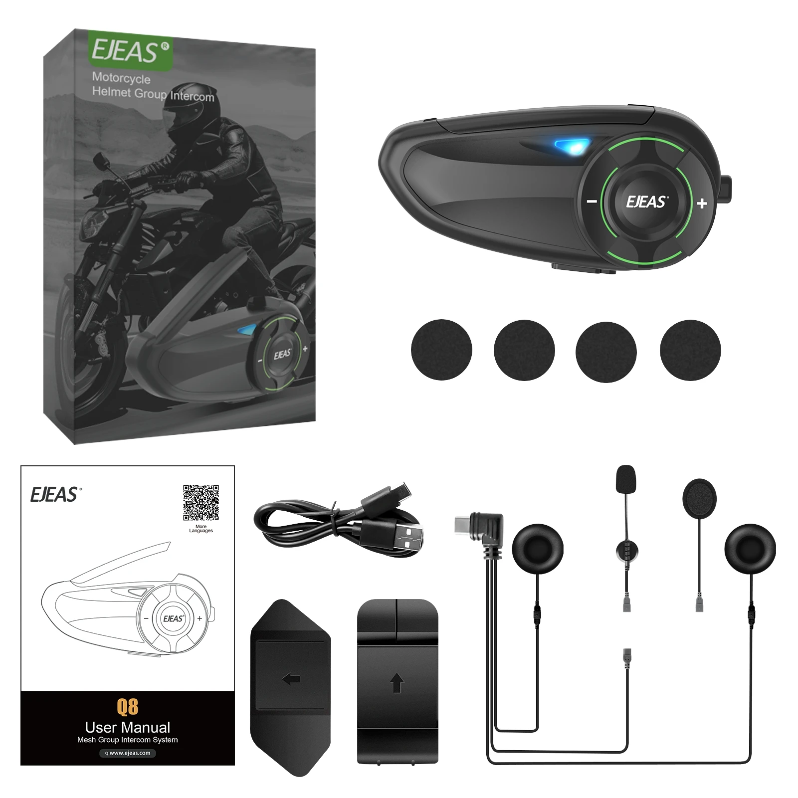 EJEAS Only Official Store Q8 Motorcycle Intercom ,Mesh System,IP67 Waterproof ,Helmet Headset for 6 Riders Talking At Real Time