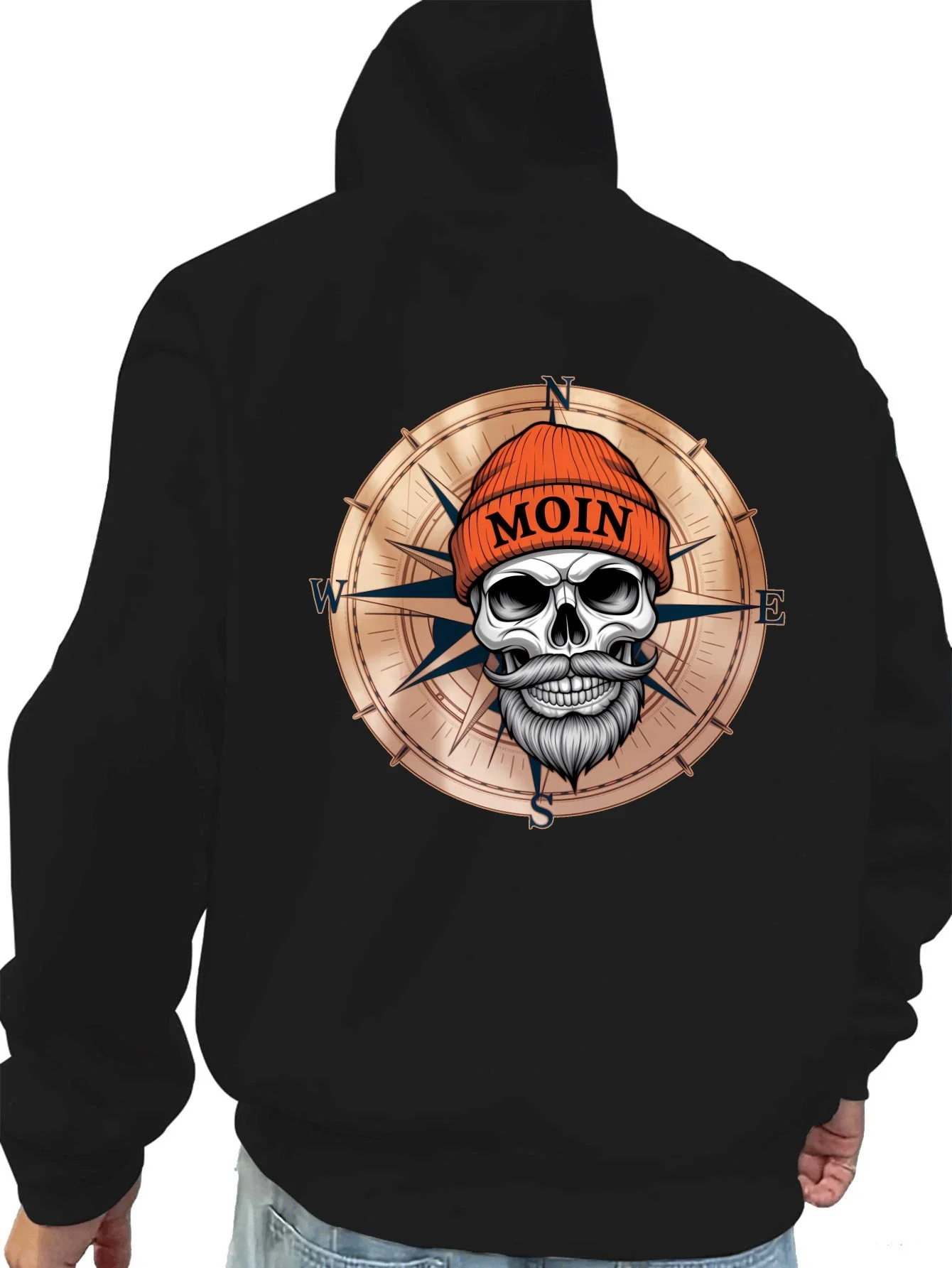 Men's Model with Skeleton Mustache, Compass Print Hoodie, Retro Casual Loose Fitted Pullover Shirt