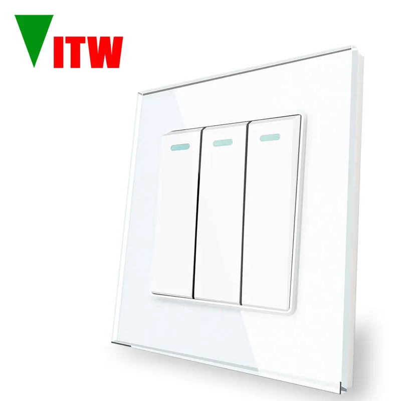 لوحة مفاتيح مدمجة Vitw 86 * 86 مم، AC 110-250V EU إضاءة عالمية 1 Gang مفتاح ثنائي الاتجاه، مقبس طاقة من الزجاج المقسى الأبيض