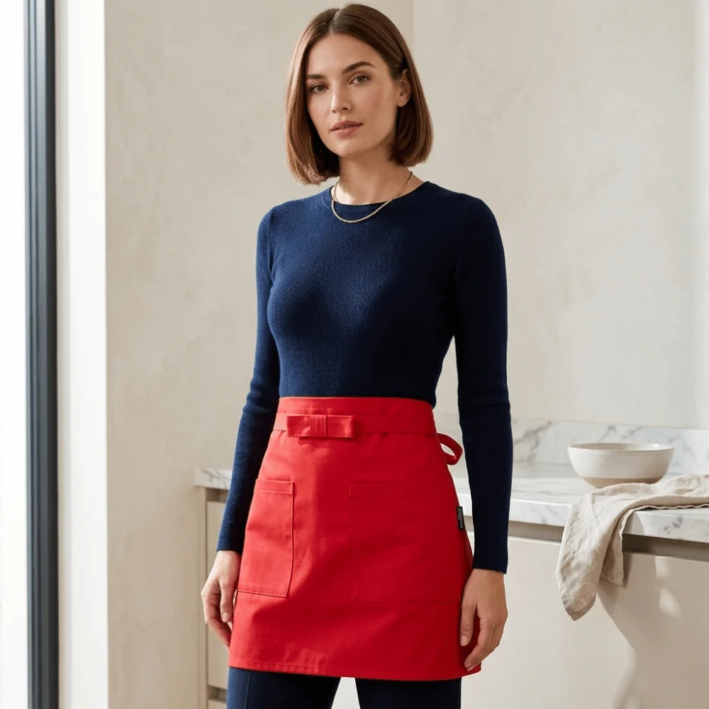 New Two Pockets Waist Apron Tie Straps Short Server Apron Antifouling Bow Detail Half Aprons Coffee Bar Use