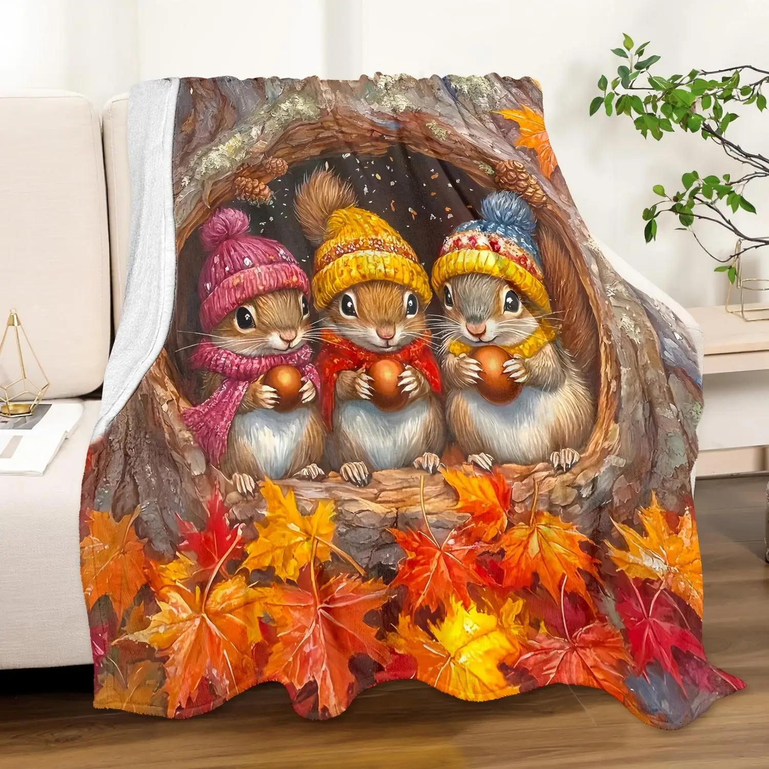 1PC Throw New Design Cute Squirrel Maple Leaf Blanket Halloween Thanksgiving Day Gifts For Couch Bed Car Camping All Season Use