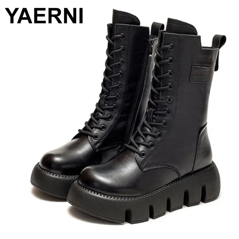 

winter new leather mid-tube round toe high-top boots womens British style thick-soled slope heel velvet warm snow boots