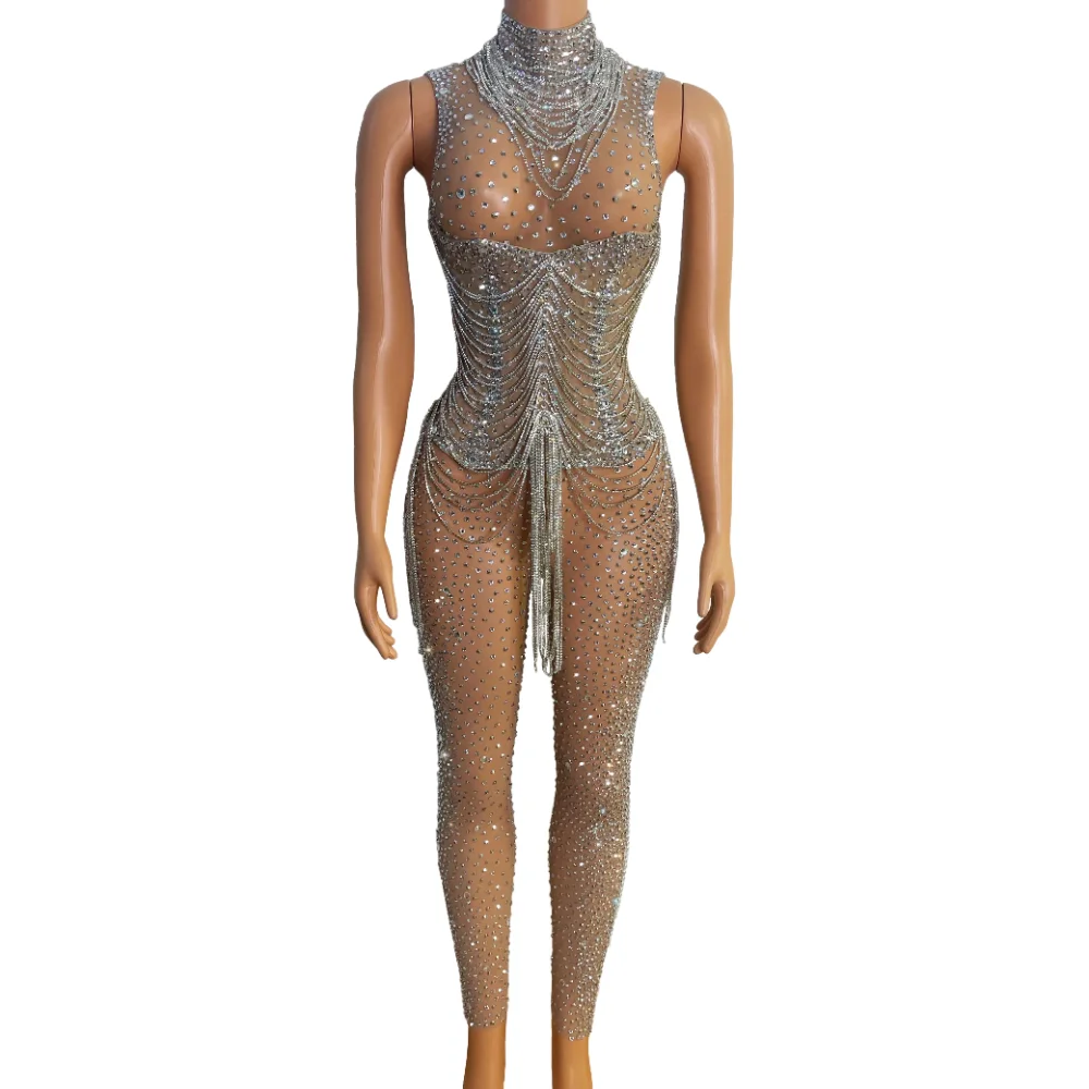 

Luxurious Full Rhinestones Chains Jumpsuit for Women Celebriate Evening Birthday Outfit Singer Performance Costume Stage Wear