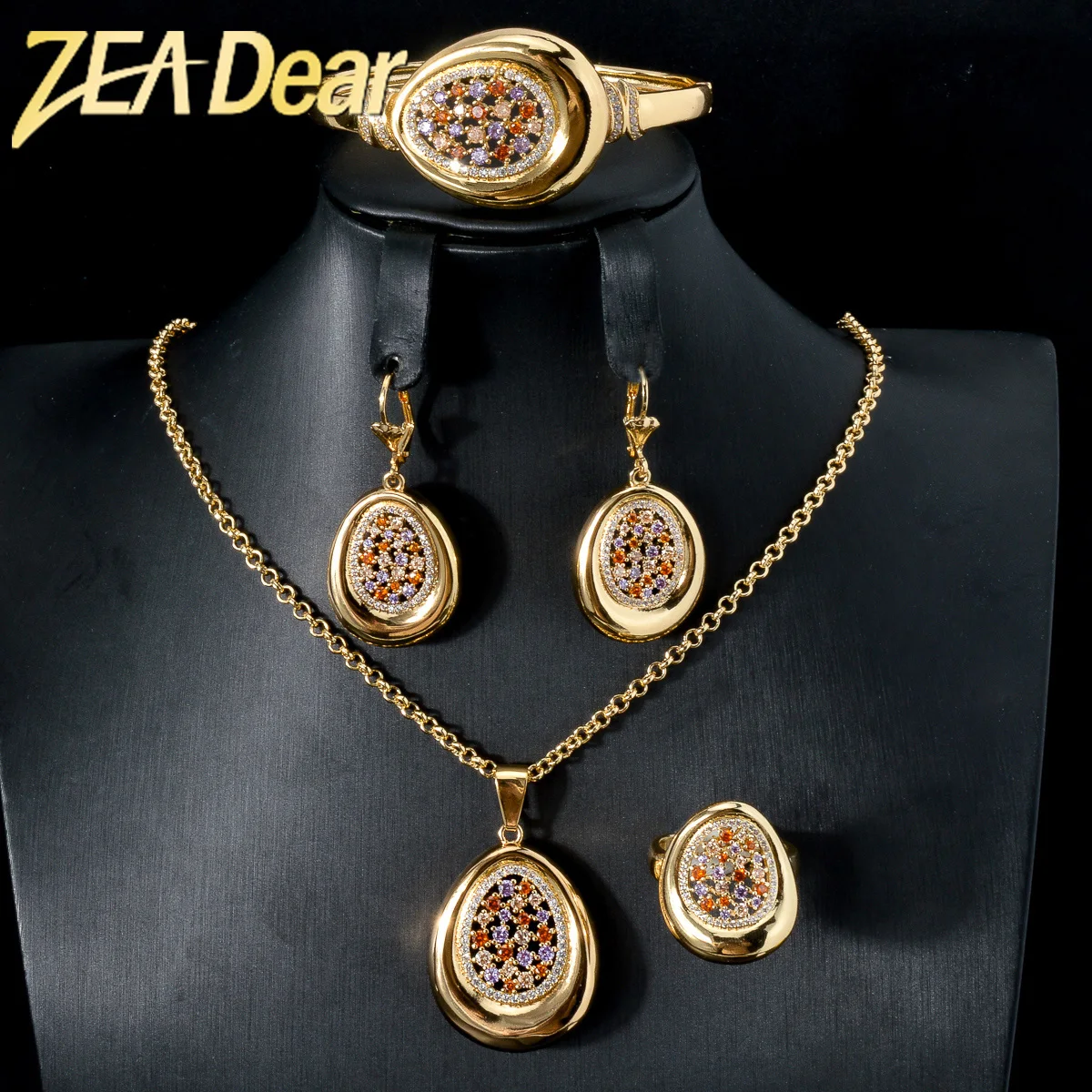 

ZEADear Gold Color Jewelry Sets Colorful Cubic Zirconia Pendant Necklace Bracelet Earring Rings Nigerian Wedding Jewellery Gifts