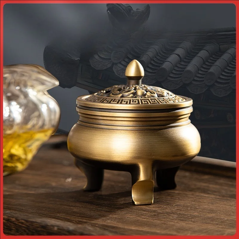 Ding Style Incense Burner Solid Copper Large Sandalwood Censer Indoor Home Teaware Decor for Coil Incense Burning Gift