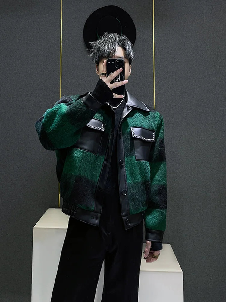 

Утепленная фланелевая куртка в клетку для мужчин, осенне-зимняя, свободного кроя, в стиле ретро, с кожаными вставками, отложным воротником, короткая.