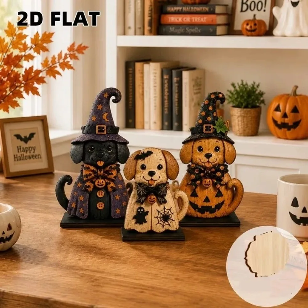 3Pcs 2D Flat Halloween Wooden Dog Signs Vintage Finish Stable Base Witch Ghost Tabletop Ornament Cartoon Autumn