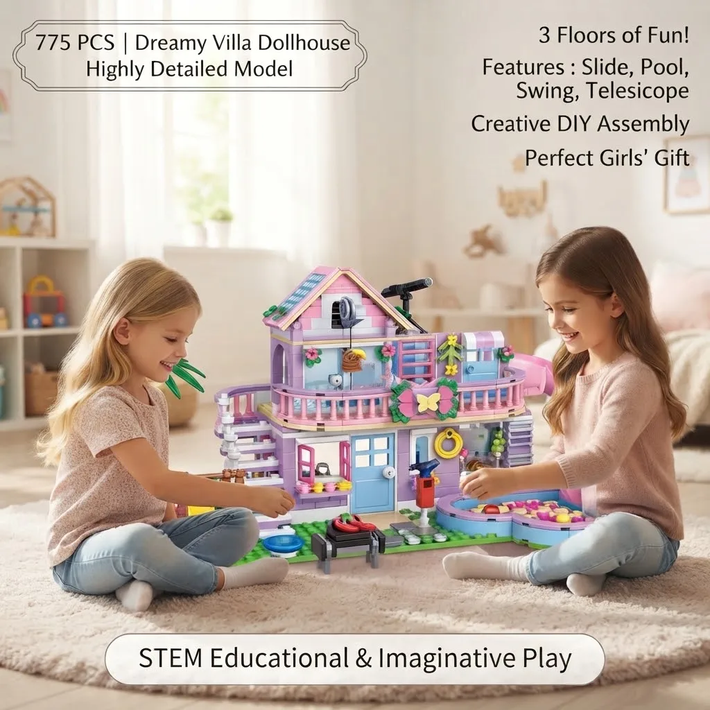 775PCS Summer Pool Villa MOC Building Blocks Set, STEM DIY House Model with Slide, Birthday Holiday  Gift for Girls Kids & Teens