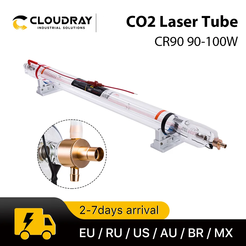 Лазерная CO2 трубка Cloudray 90 Вт CR90, длина 1250 мм диаметр 55 мм 80 мм, Модернизированная стеклянная металлическая головка для лазерной машины CO2