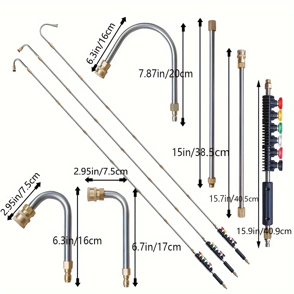 10 Pcs/set High Pressure Washer Extension, Quick Connect Power Washer Lance with 6 Nozzle Heads, Ditch Cleaning Benders