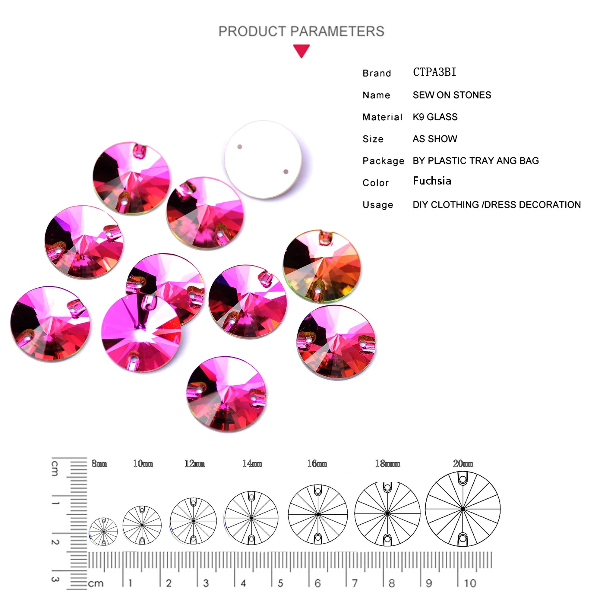 Fuchsia Sew On Rhinestones Round Rivoli Crystal Flatback Glass Sew On Rhinestone Sewing Strass For DIY Clothes Garment