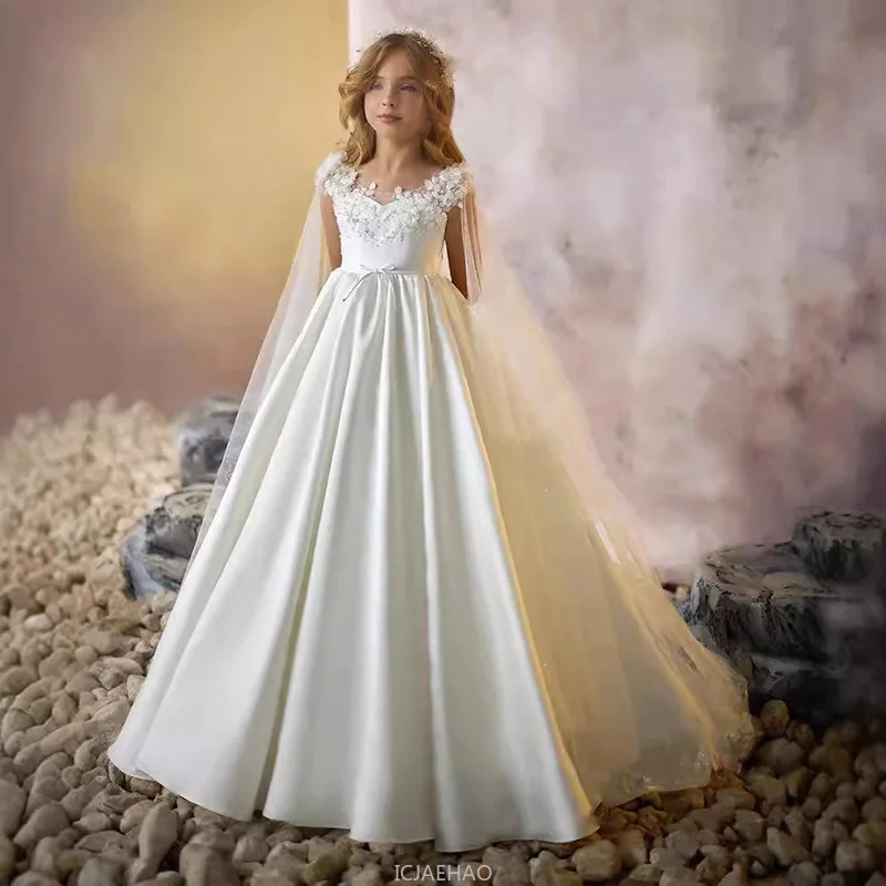 

2025 White Girls Wedding Flower Girl Dress Kids Sleeveless Ball Gown Long Train Party Pageant Piano Recital Birthday Performance