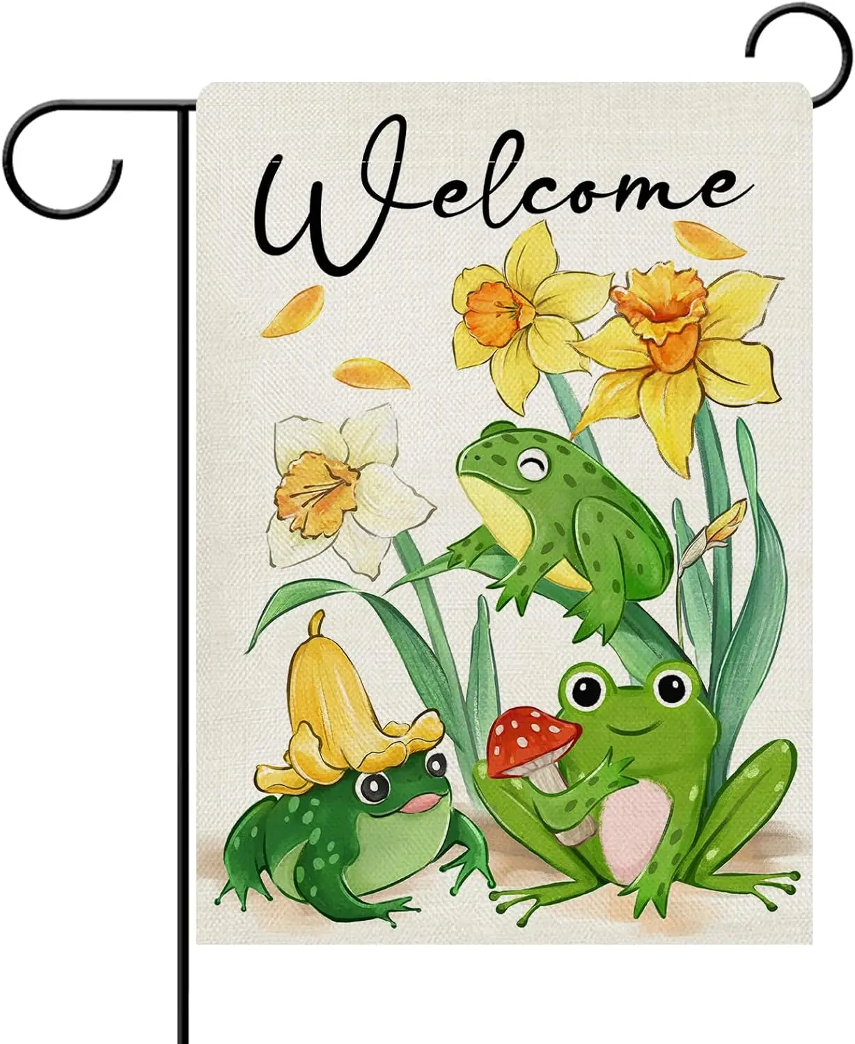 Dyrenson Welcome Spring Summer Frog Daffodil Flower Decorative Garden Flag, Yellow Floral Mushroom Yard Outside Home Decorat AAL