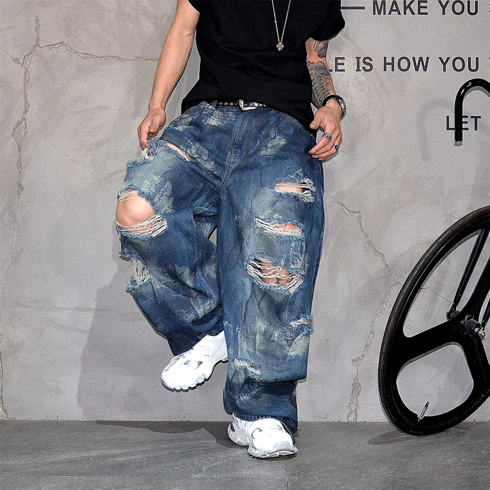 

Новые летние мужские рваные прямые джинсы, брюки, американская модная тенденция, уличная повседневная свободная дышащая ниша, новые мужские штаны