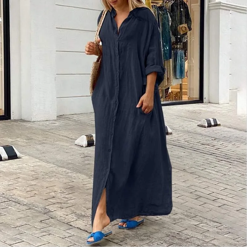 Casual V Neck Long Sleeve Woman Dress Office Lady Spring Summer Fashion Loose Solid Dresses For Women 2024 Female Robe White