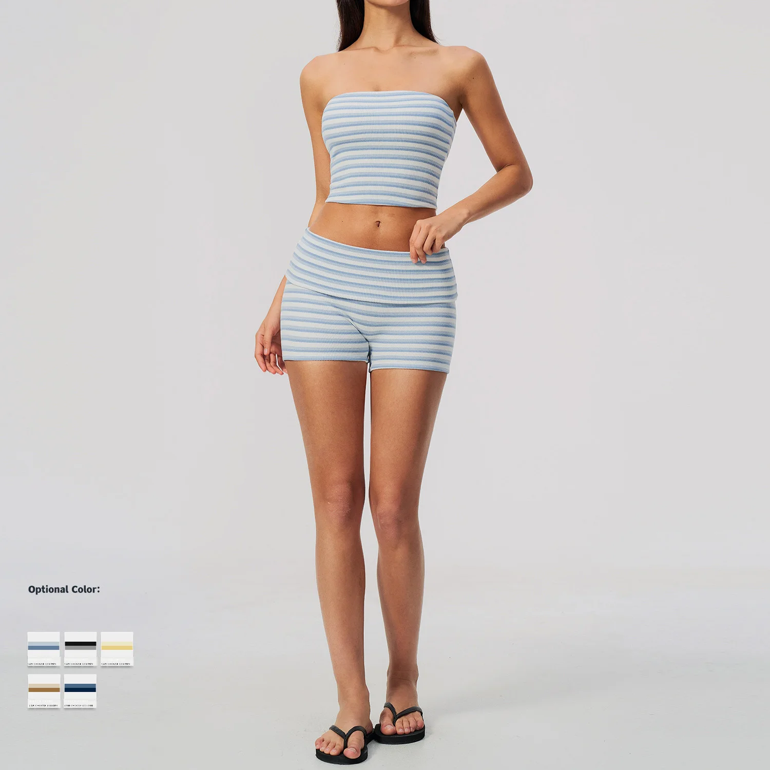 Women Striped Ribbed 2‑Piece Yoga Set Strapless Bandeau Tube Top Fold Over Shorts Workout Outfit Gym Fitness Sportswear Tracksu
