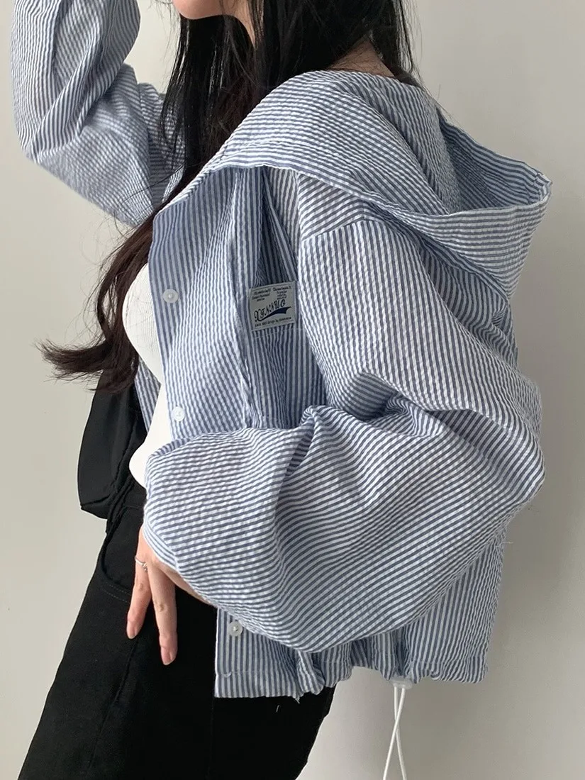 Chic Frühen Herbst Faion Vertikale Streifen Farbe Blo Mit Kapuze Lose Casual ort Mantel frauen Button up Sli Pendeln Tragen