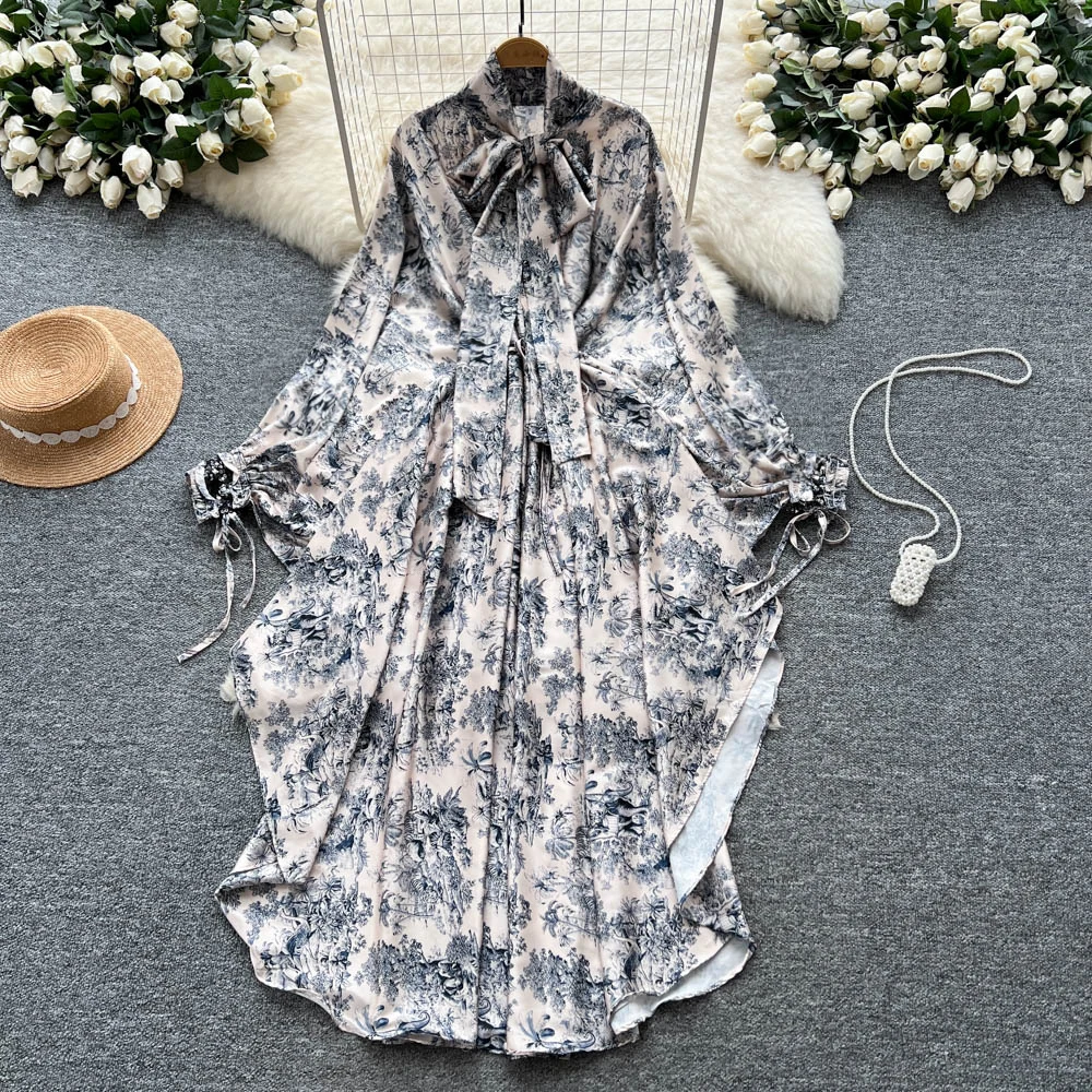 Chic vintage satin long sleeve asymmetrical Elegant Fairy korean fashion Boho Sundress women clothing Long dress