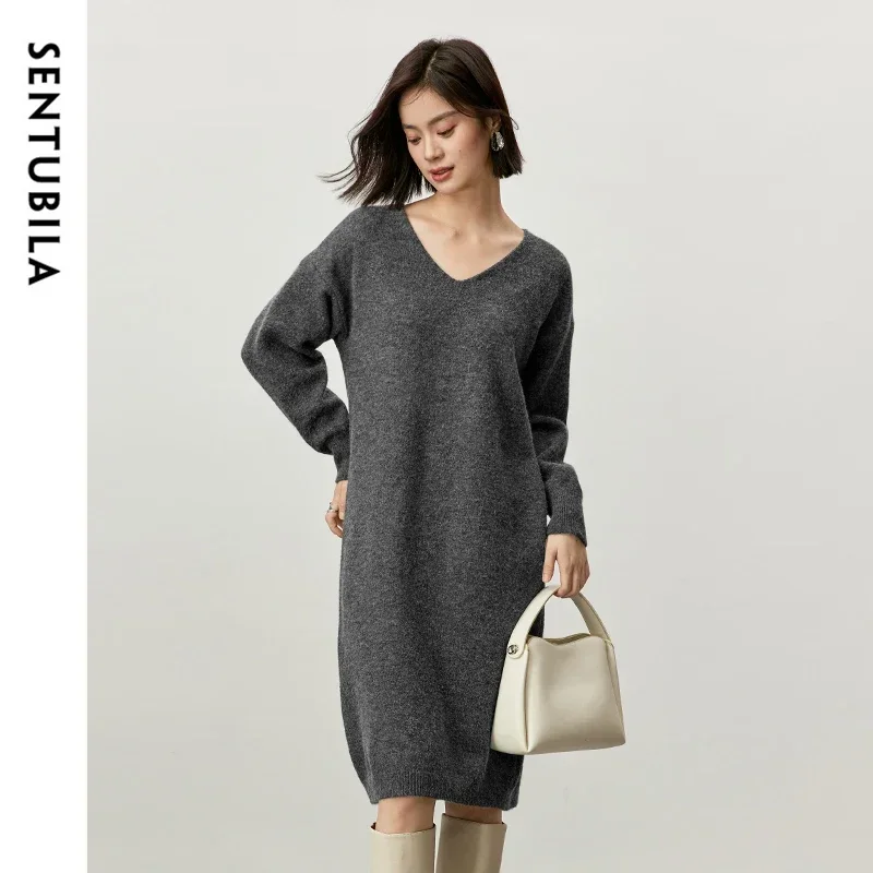 SENTUBILA Knitted V Neck Dresses for Women 2024 Autumn Winter Casual Loose Mid-length Solid Dress Women Clothing W44L57205