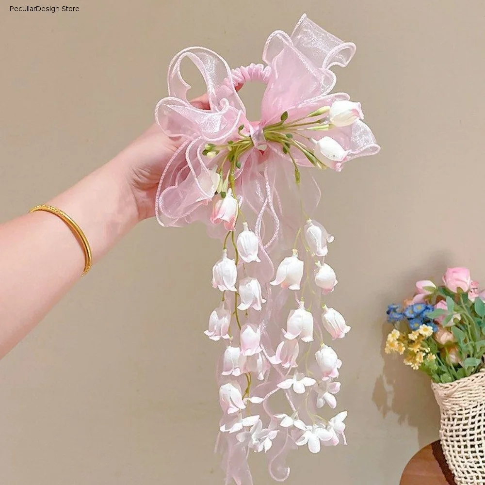 Sheer Organza Ribbon Bow Hair Scrunchies Floral Tassel Fresh Hair Accessory Long Streamer Elegant Hair Rope Princess Dress Up