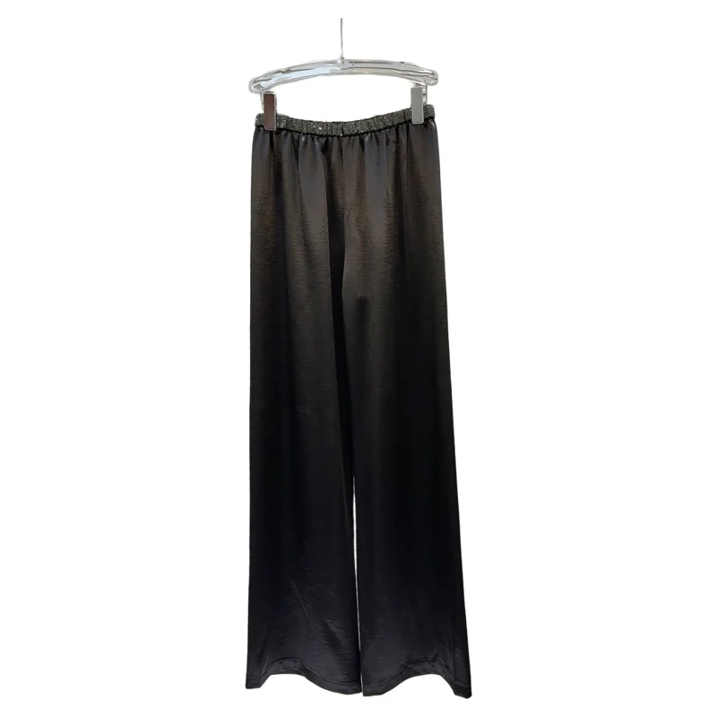 Summer 2025 Trendy Water Diamond Embellied Elastic Waist Lightweight Silk Wide Leg Casual Pants Ele Lady Sle