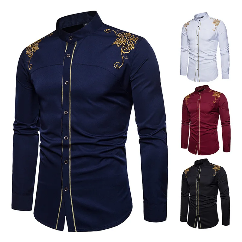 Spring and Autumn Men\'s Long Sleeve Formal Shirt Designer Clothes Luxury Embroidery Evening Dress Prom Men\'s Street Dress