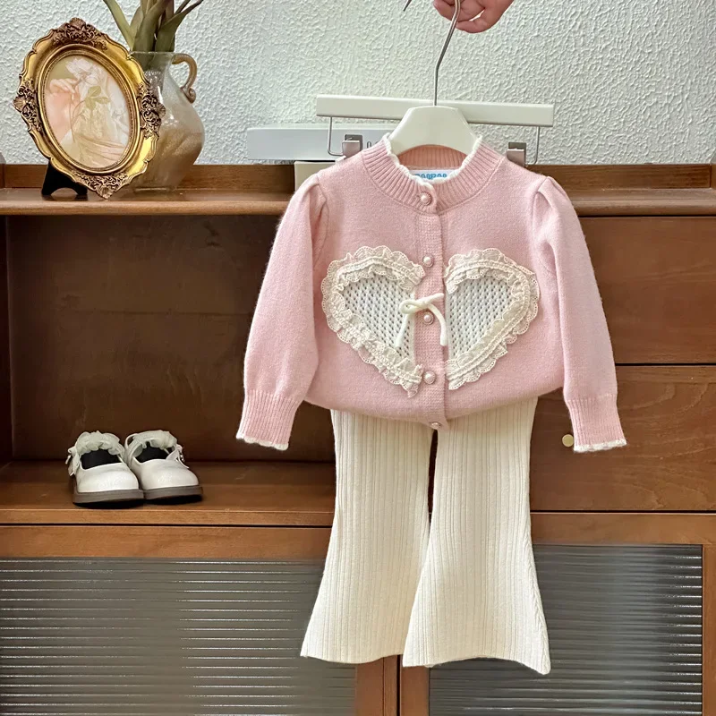 Girls Suit 2024 Autumn and Winter Style Sweet and Pink Playful and Cute Long-sleeved Warm Sweater Love Children Clothes