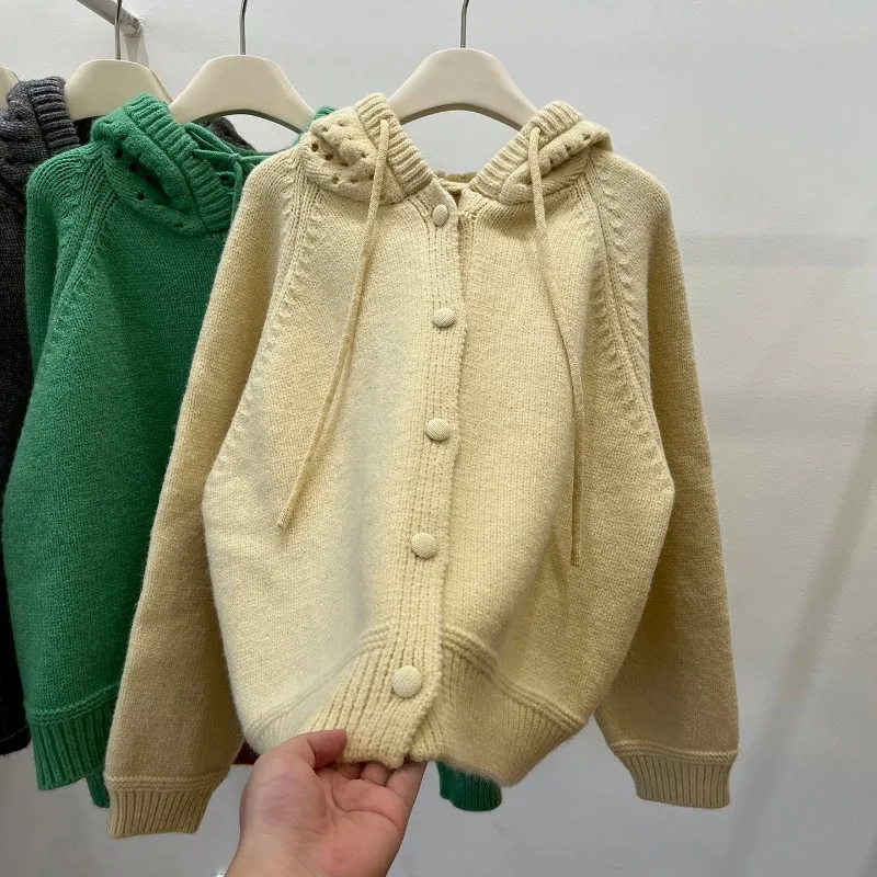 Women Hooded Knit Cardigan Solid Color Loose Lazy Style Sweater Coat Retro Autumn Winter Outerwear