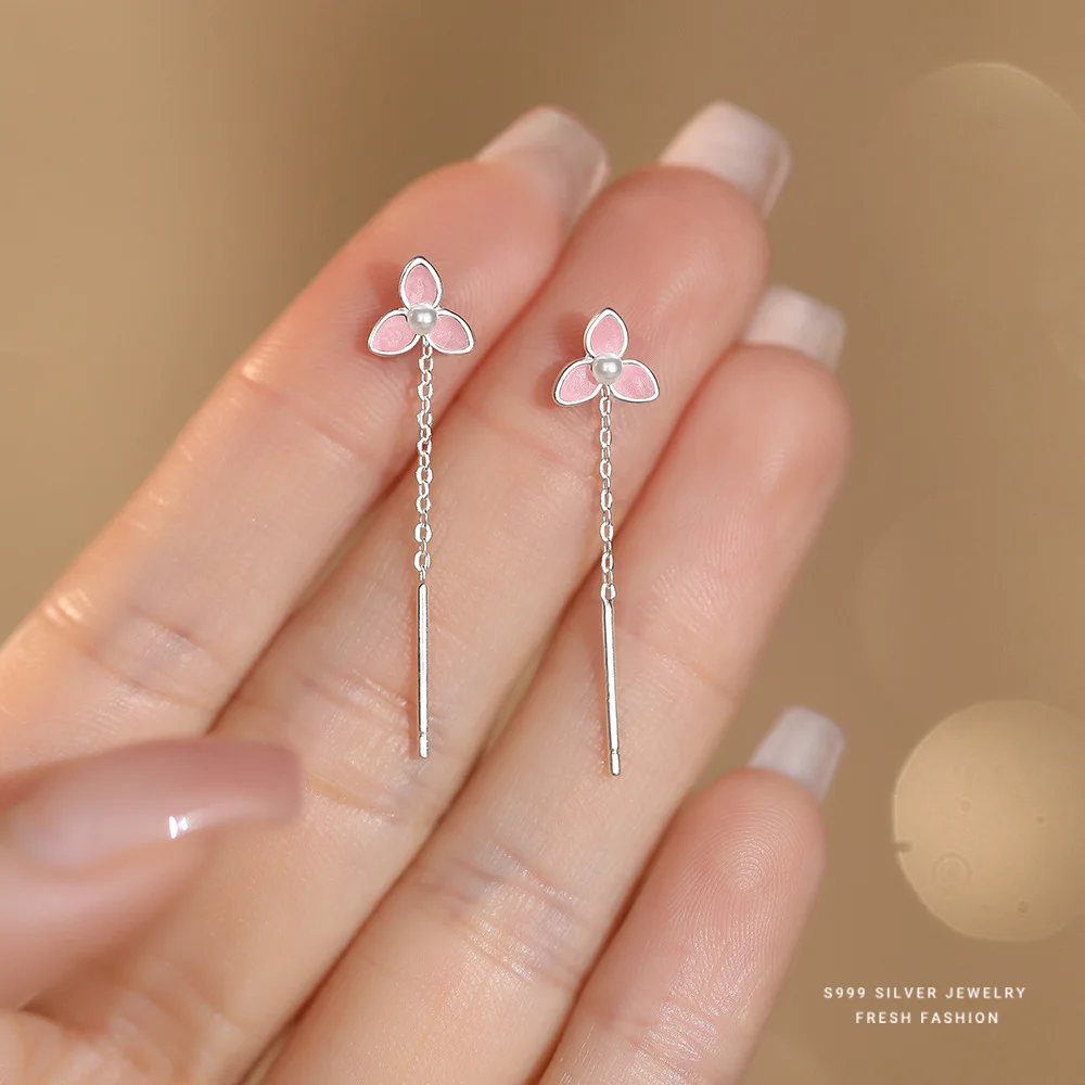 

Fashionable Sweet Drip Glue Pink Flower Tassel Earrings S999 Sterling Silver Temperament Party Wedding Jewelry Accessories