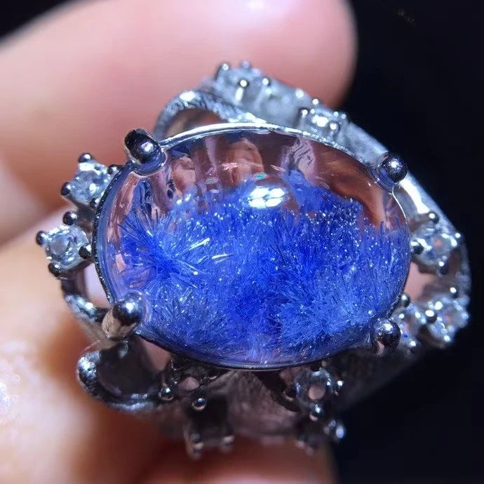 

Natural Blue Rutilated Dumortierite Quartz Adjustable Ring 14.6/11.1mm Oval Woman Men Ring Jewelry AAAAAAA