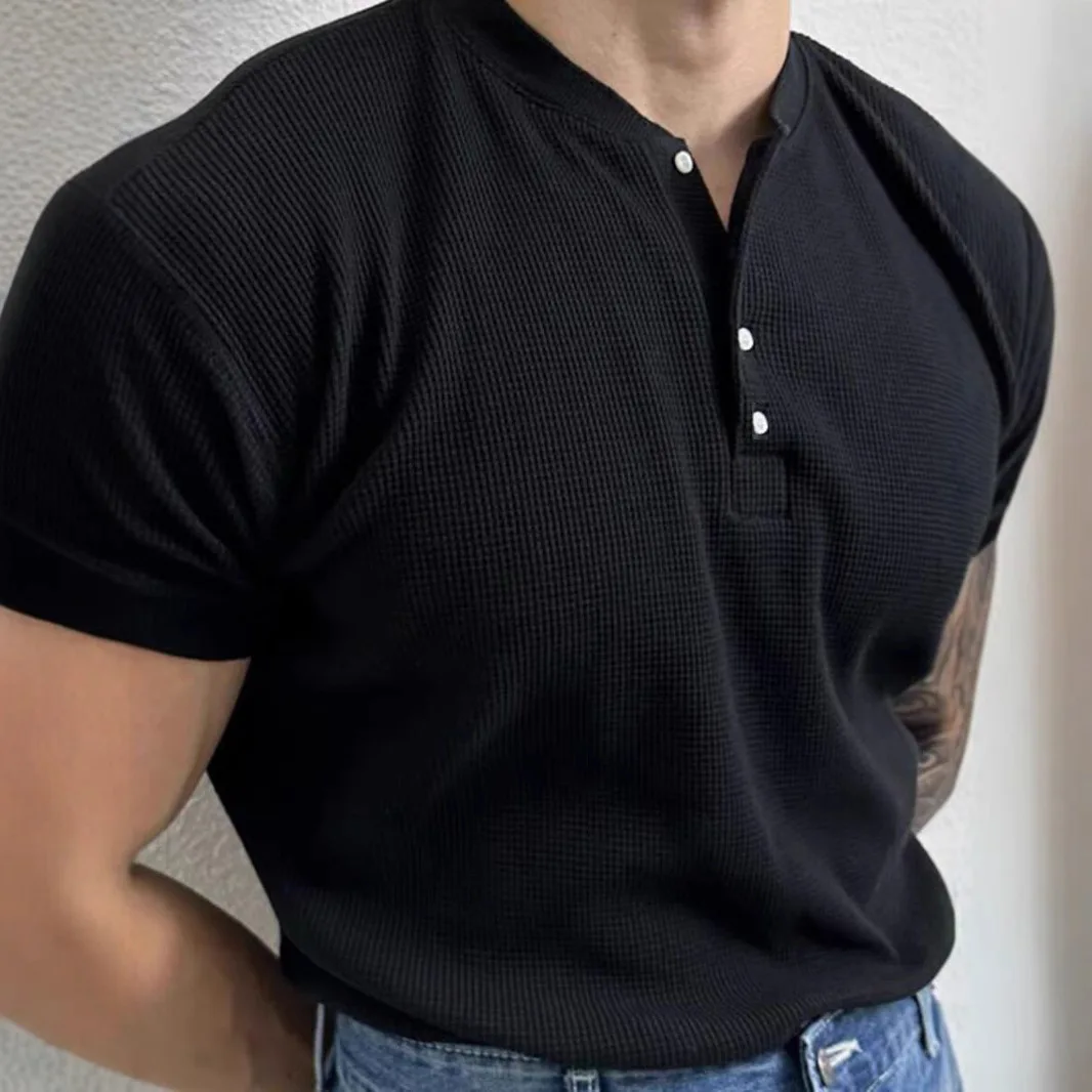 American Hardcore Waffle Henley Slim Short Sleeve Textured T-Shirt Men's Casual Top