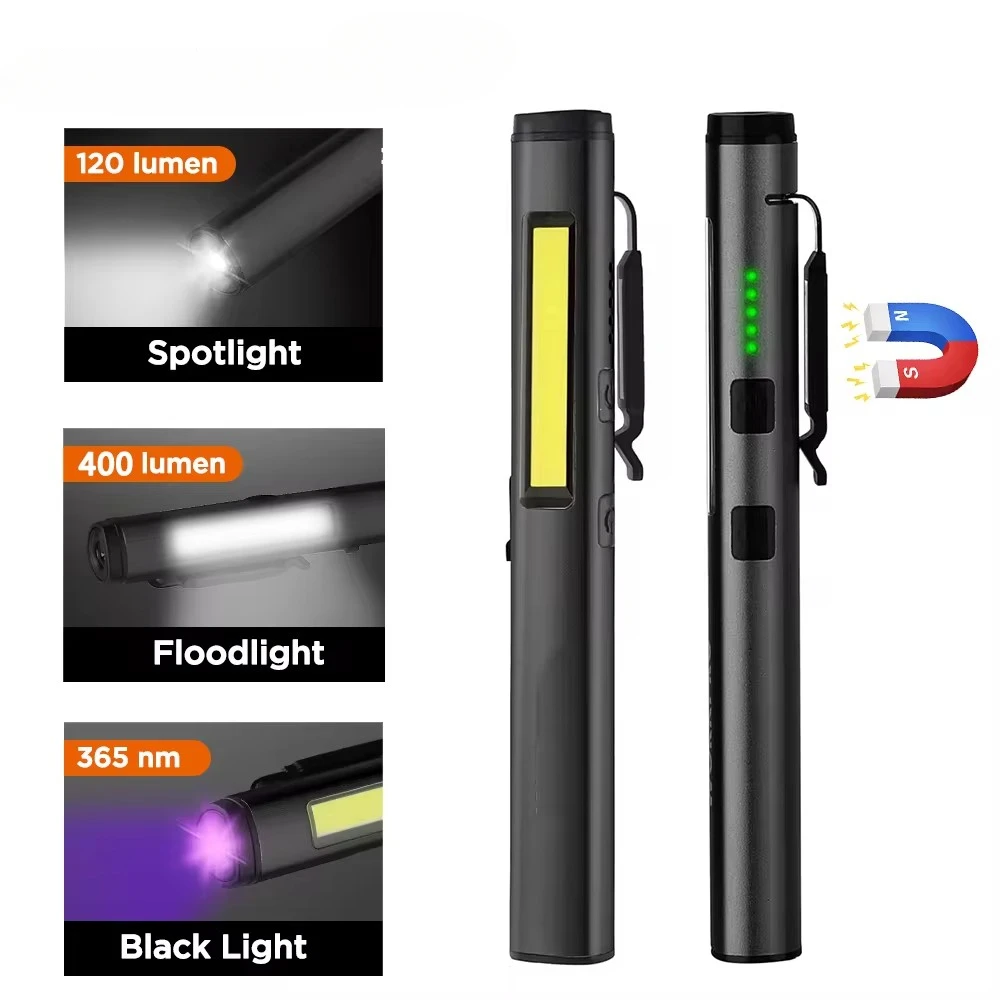 Multifunctional 4 in 1 LED Flashlight Mini USB Rechargeable 800mah Pen Clip Flashlight 365nm UV Light COB Camping Work Repair