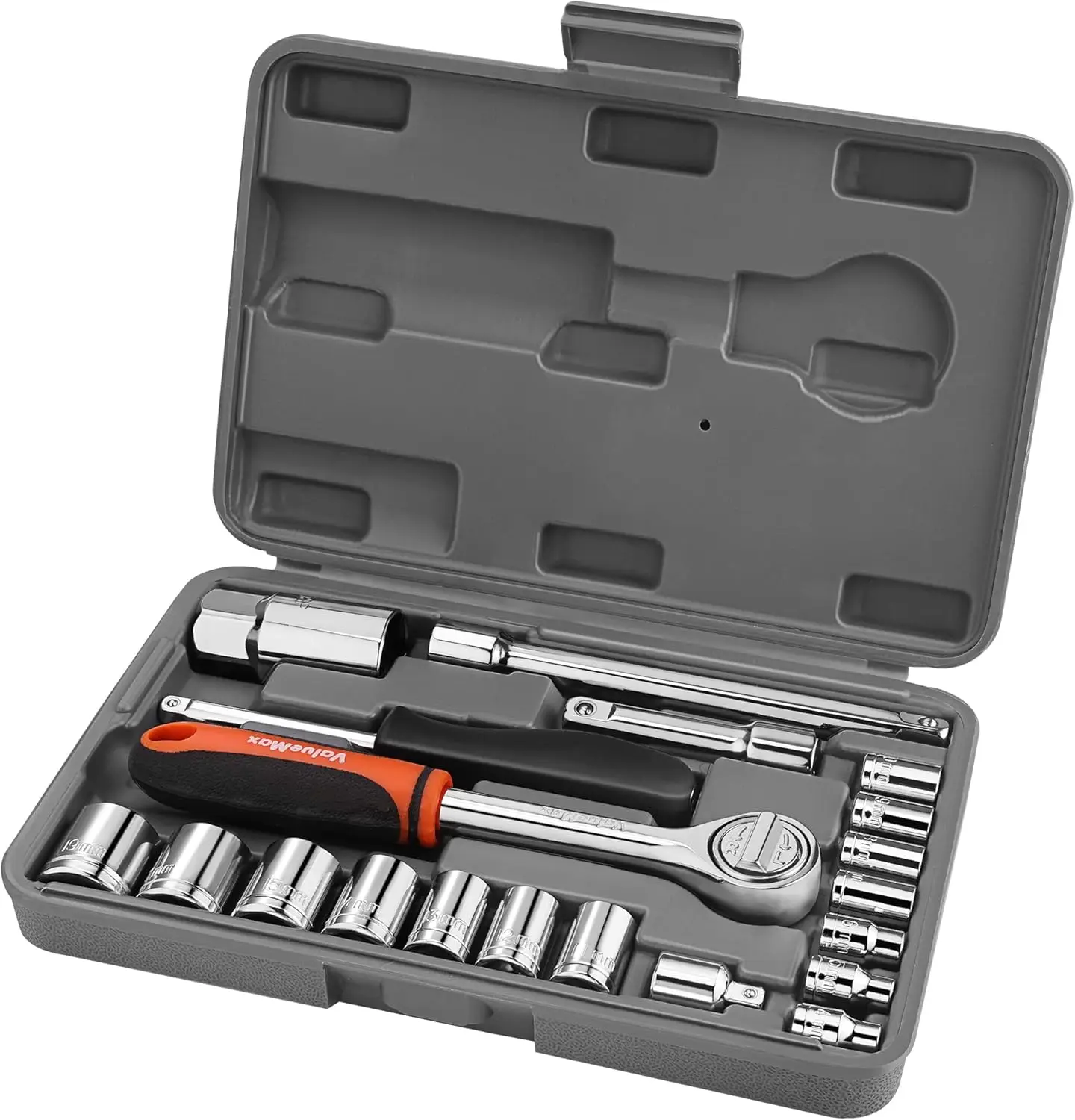 

Набор торцевых головок 21 шт. (1/4" и 3/8") с трещоткой, удлинителями, адаптером, вращающейся рукояткой и кейсом для авторемонта