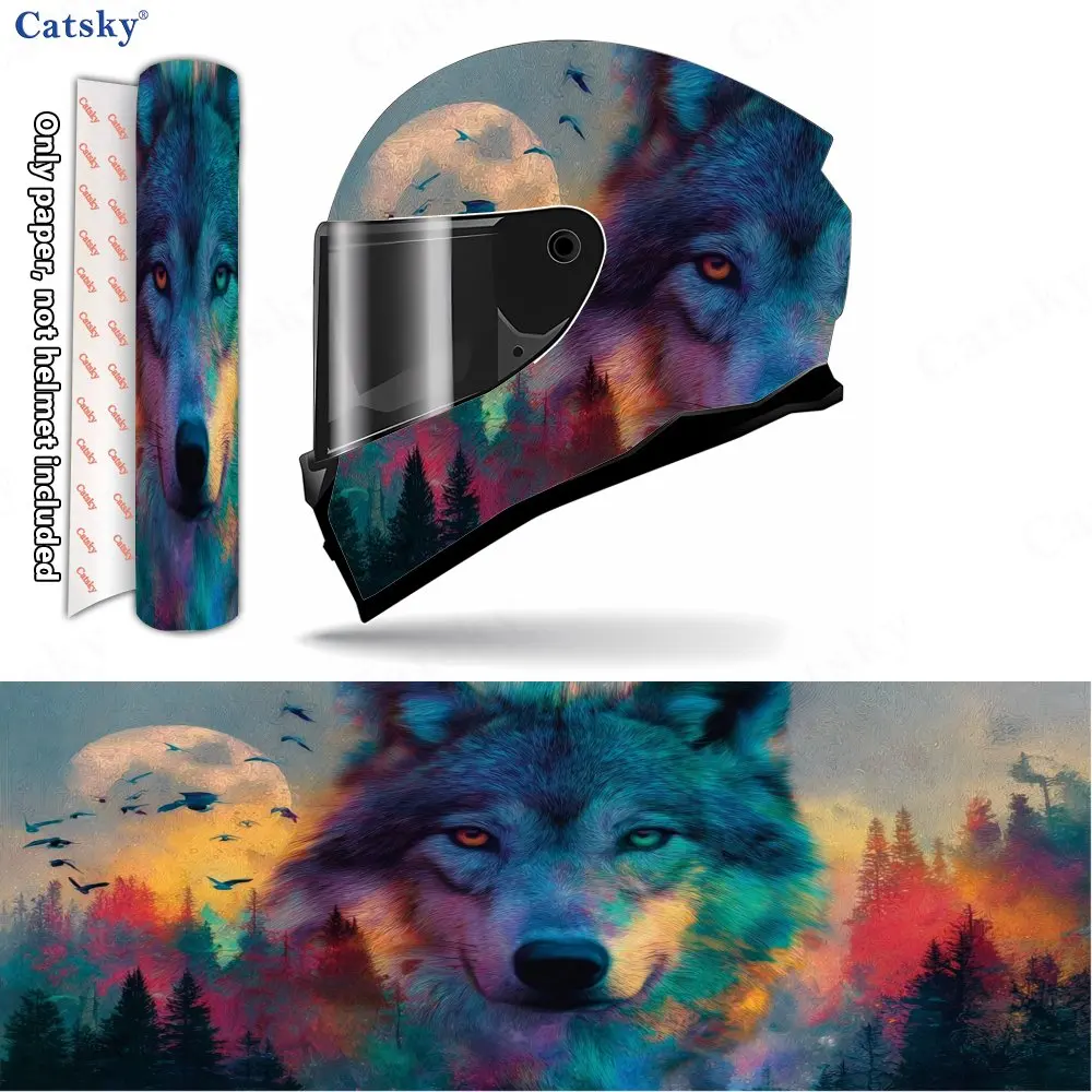 

Neon Mountain Forest and Two-Toned Eyed Wolf Helmet Vinyl Wraps, Waterproof Scratch-Resistant Full Face Helmet Decals, Durable P
