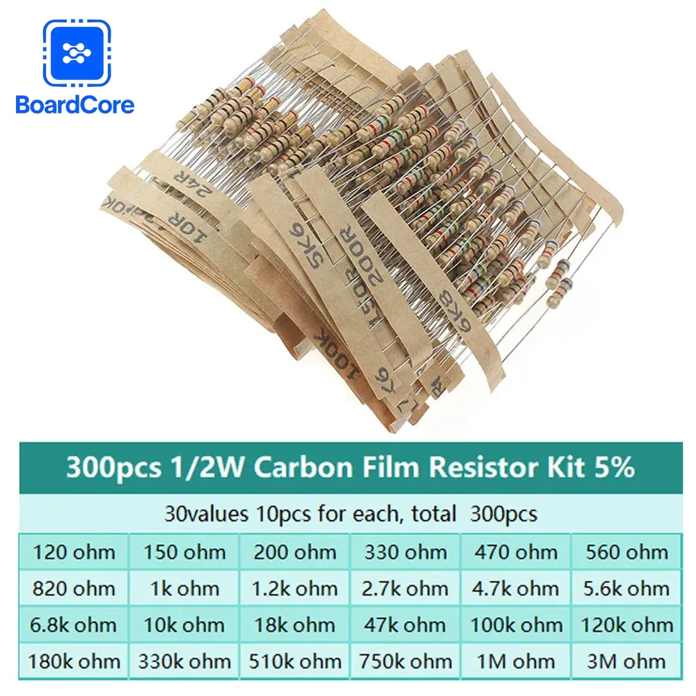 300PCS 5% Resistance Assortment Kit 1/2W Carbon Film Resistor 30Values 1Ω-3MΩ Color Ring Resistor for Arduino DIY Circuit Repair